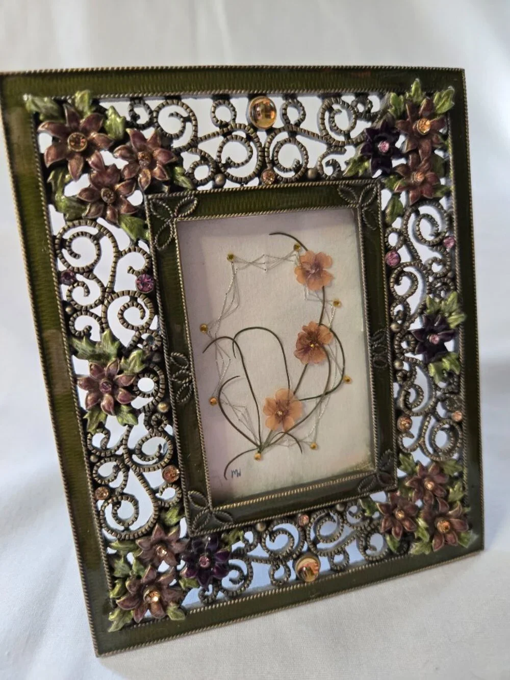 Romantic Floral Embellished Jeweled Metal Picture Frame